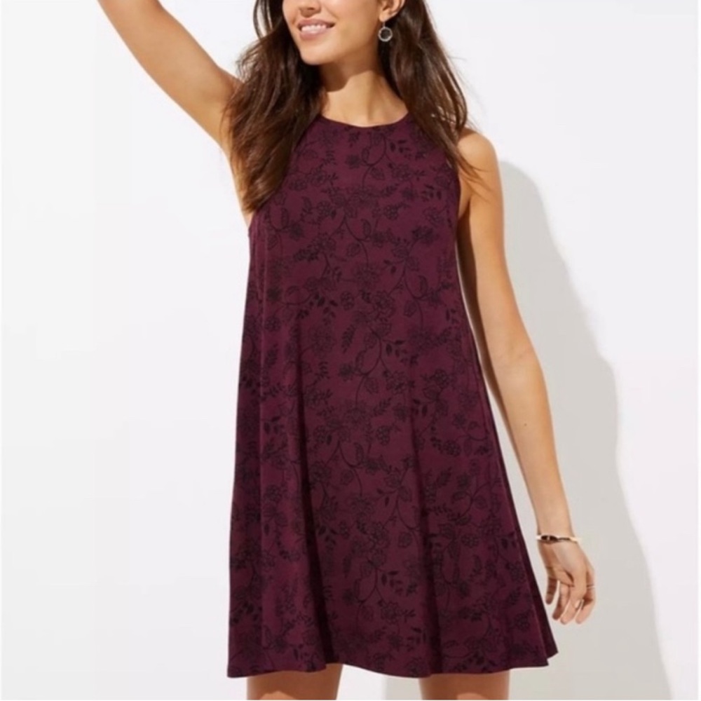 EUC Ann Taylor Loft Purple Black Floral Knit Dress Size Small Tall
